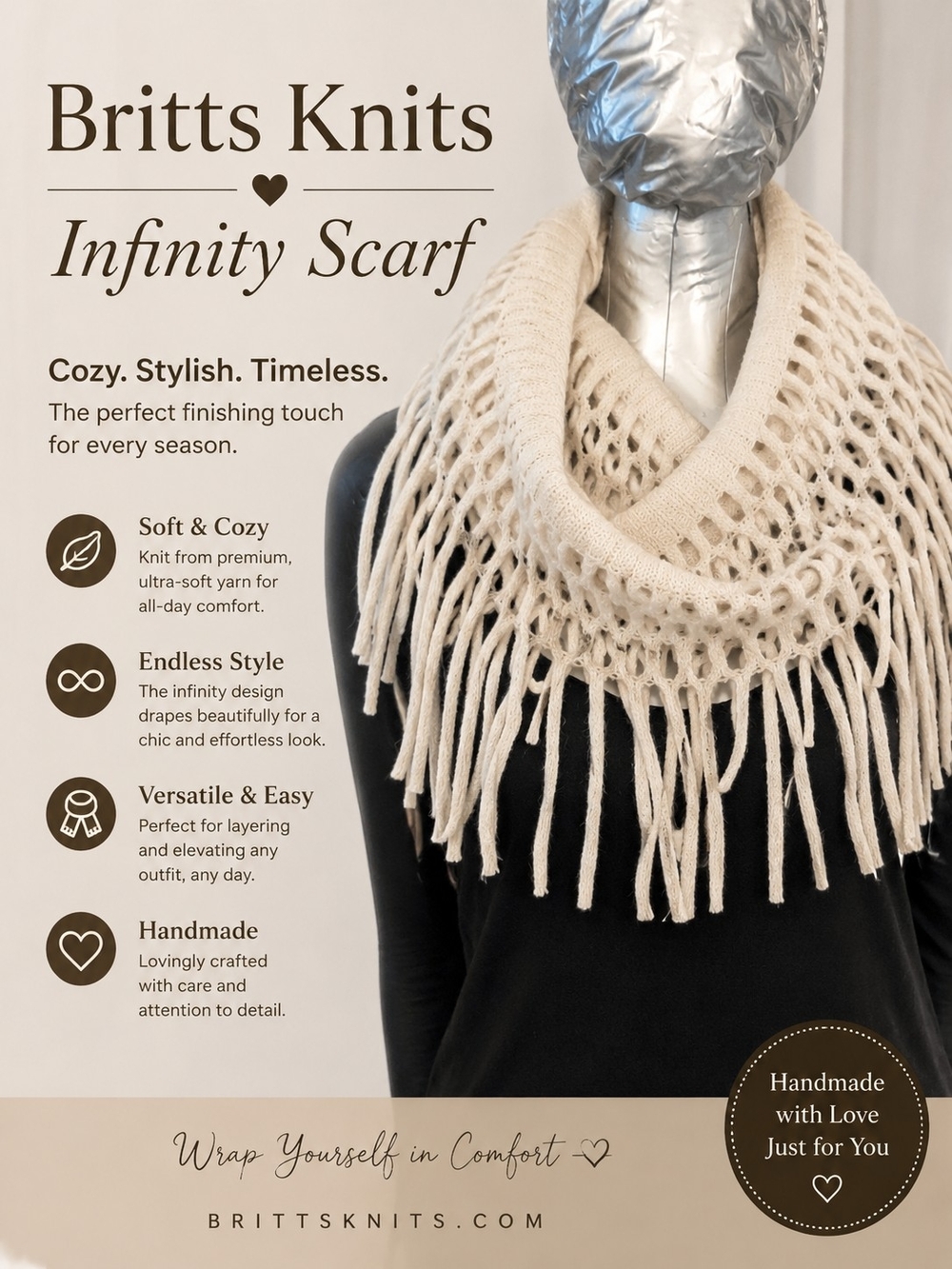 Cream Infinity Scarf with Fringe
